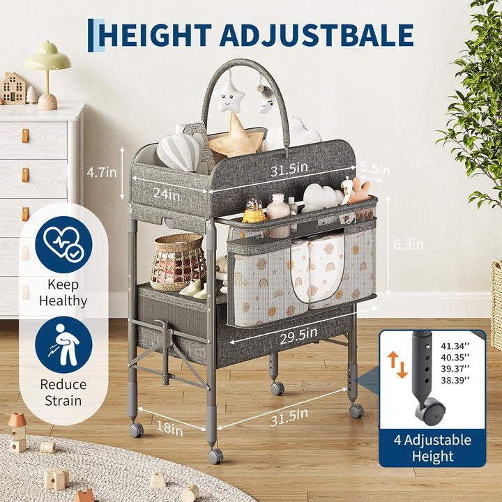 Höhenverstellbarer Wickeltisch Klappbar, Mobiler Wickeltisch Mit Rädern & 2 Schubladen, Wasserdichte