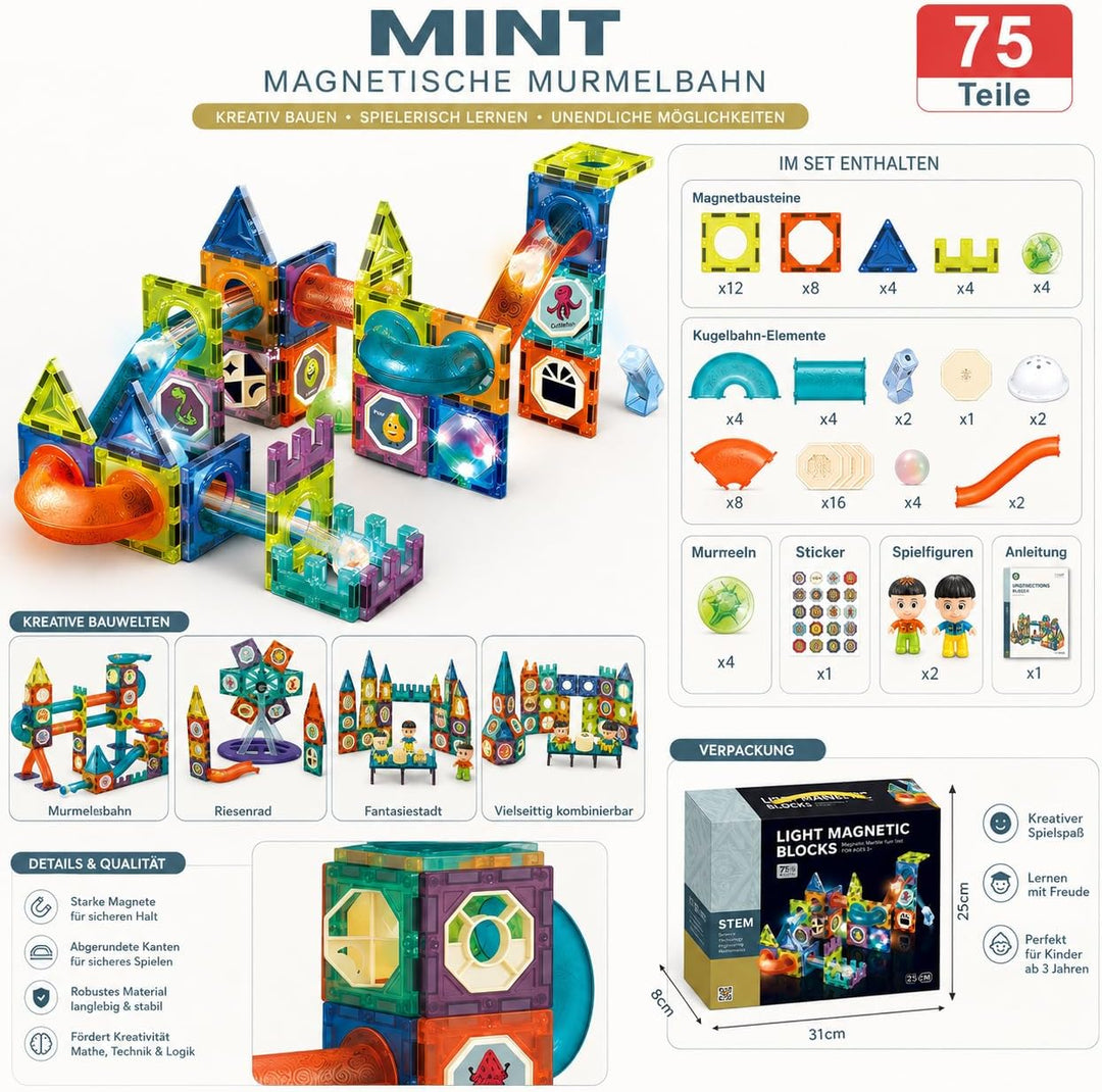 LightCube Magnetspielbausteine, (kreatives Spielset, 75 St., Kombiniertes BAU- und Kugelbahnsystem),