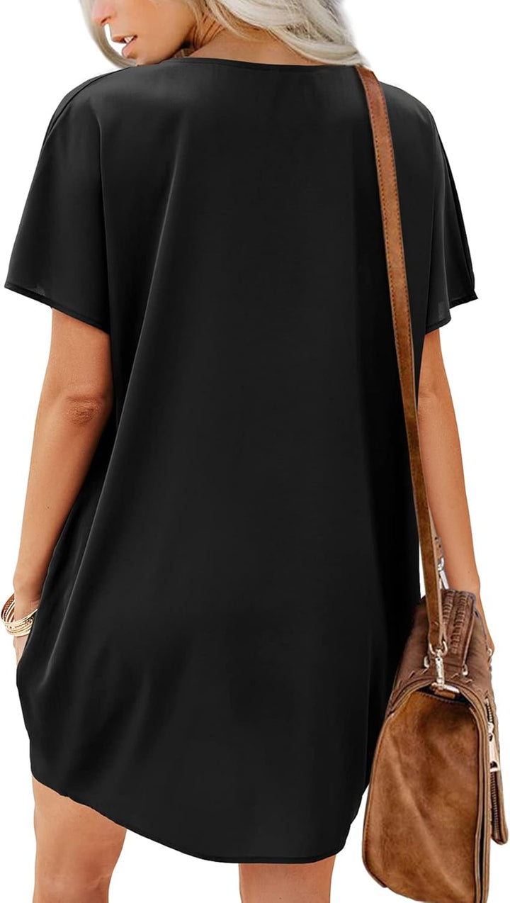 Beluring Damen Kleid mit Taschen Kleider Herbst Langarm/Kurzarm V-Ausschnitt Lässig Shirtkleid M Sti