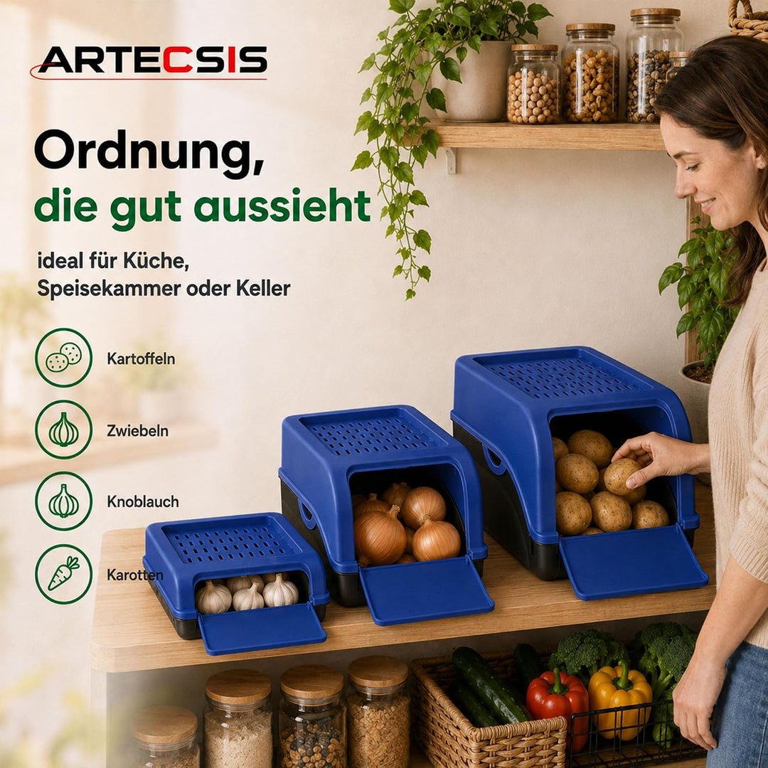 ARTECSIS® 3 x Kartoffel Aufbewahrungsbox mit Deckel für 4 kg Kartoffeln (königsblau) - Vorratsbehält