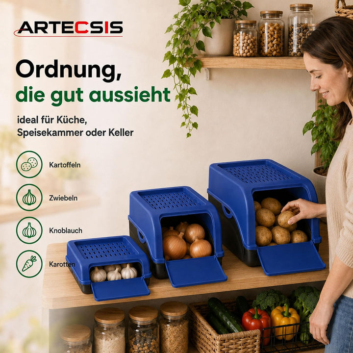 ARTECSIS® 3 x Kartoffel Aufbewahrungsbox mit Deckel für 4 kg Kartoffeln (königsblau) - Vorratsbehält