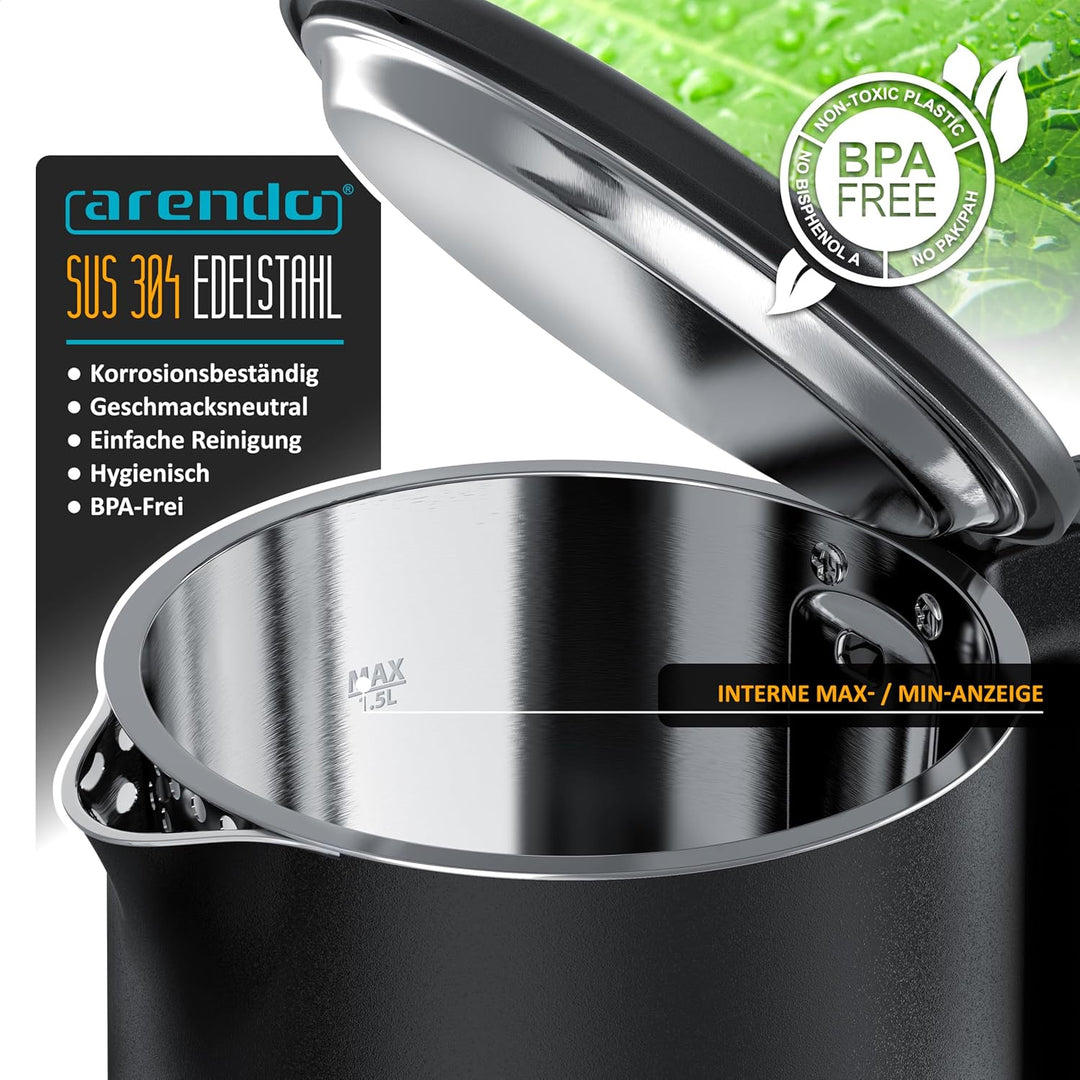 Arendo - Wasserkocher Edelstahl – 1,5 Liter - 2200 Watt – Doppelwand-Design – 360° Controller – BPA-