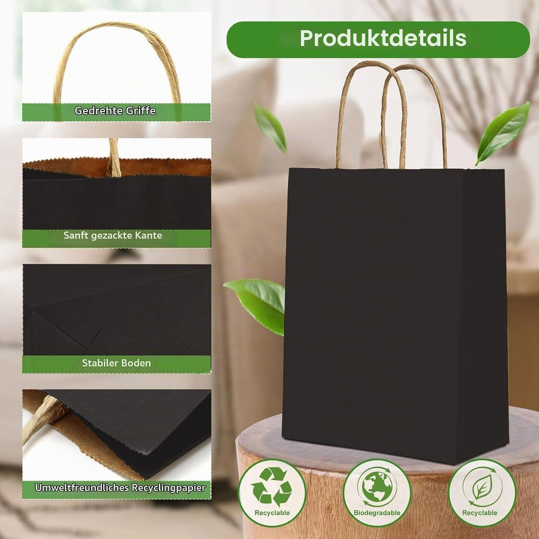 Gucass 50 Stück Gross Papiertüten mit Henkel, Schwarz Kraft Papiertaschen Geschenktüten, 26x12x33cm