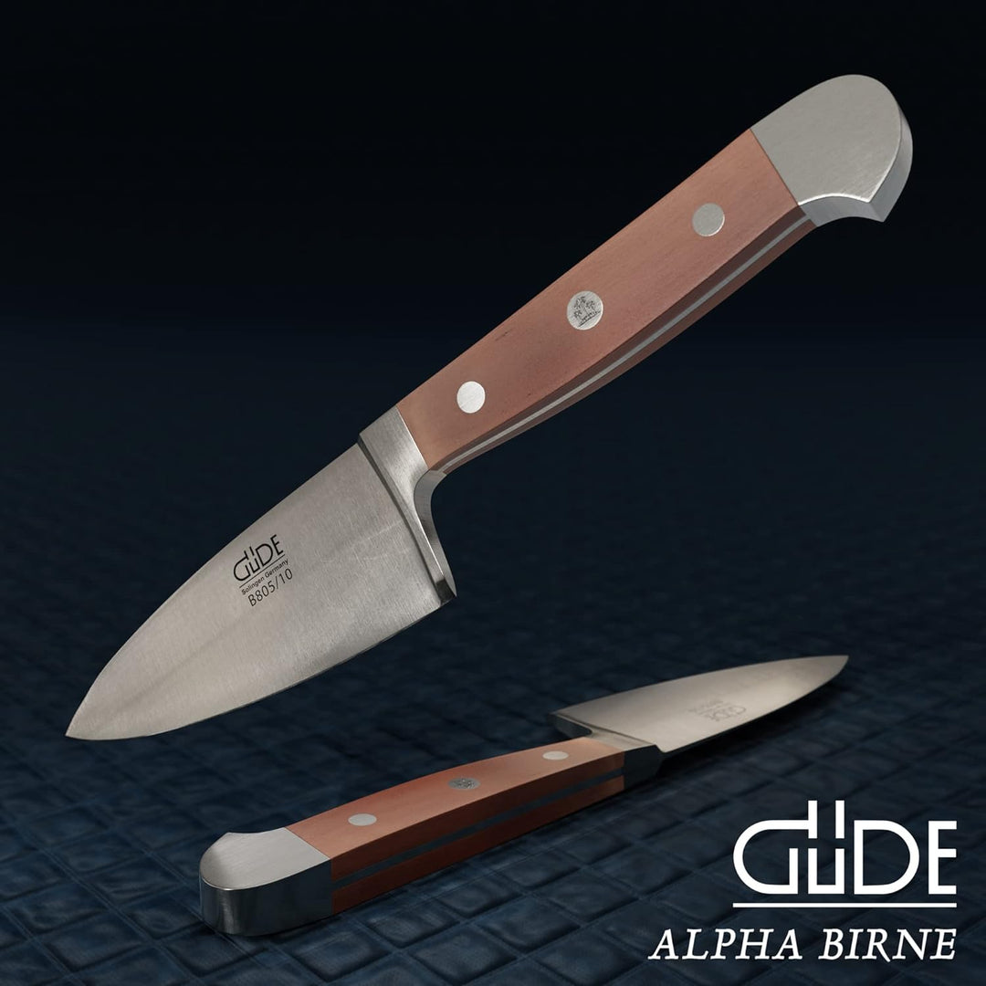 GÜDE Solingen - Hartkäsemesser Käsemesser geschmiedet, 10 cm, Birnenholz, ALPHA BIRNE, Doppelkropf,