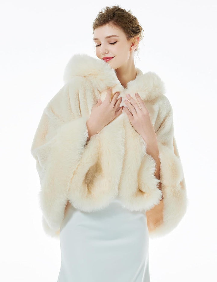 BEAUTELICATE Damen Kunstpelz Braut Umhang mit Kapuze Winter Braut Poncho Cape Kurz Warm Kunstpelz St