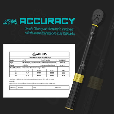 ANPUDS 3/8 Zoll 5-60Nm Drehmomentschlüssel, ±3% Fehlergenauigkeit mit 72 Zähne Wende Ratschenkopf Tr