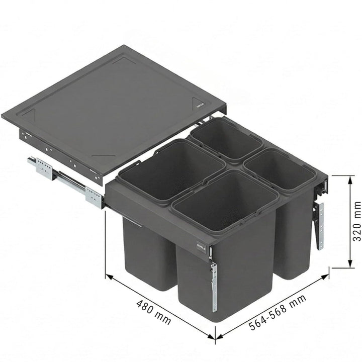 Einbau-Mülleimer für 60 cm Schrank SEGREGO 4-fach Abfallsystem mit Deckel Soft-Close & Vollauszug 56