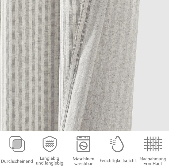 TOPICK Leinen Vorhänge Gestreifte Gardinen mit Ösen Modern Beige Leinenoptik Vorhang Wohnzimmer Priv
