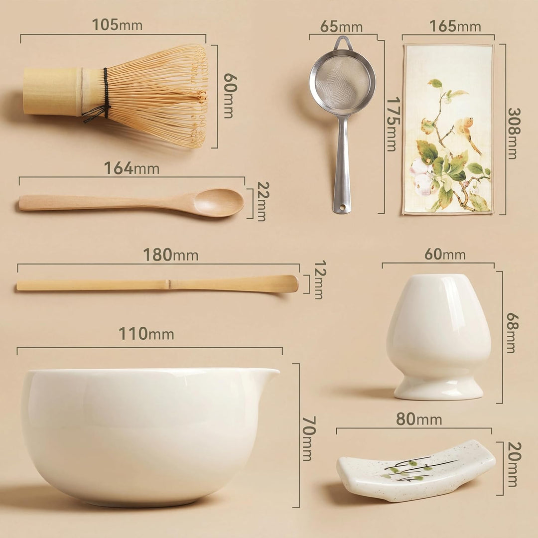 Matcha Set Beige (8-teilig) und Schale mit Ausgiesser, Premium Matcha Tee Set für Matcha Latte Zuber