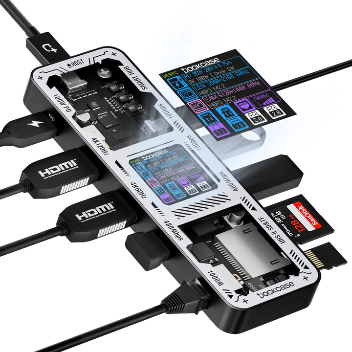 DOCKCASE Smart USB C Hub 10 in 1 Pro, Dual HDMI 2.1 und 2.0 4K@60Hz Display, PD 3.0 100w, RJ45 Ether