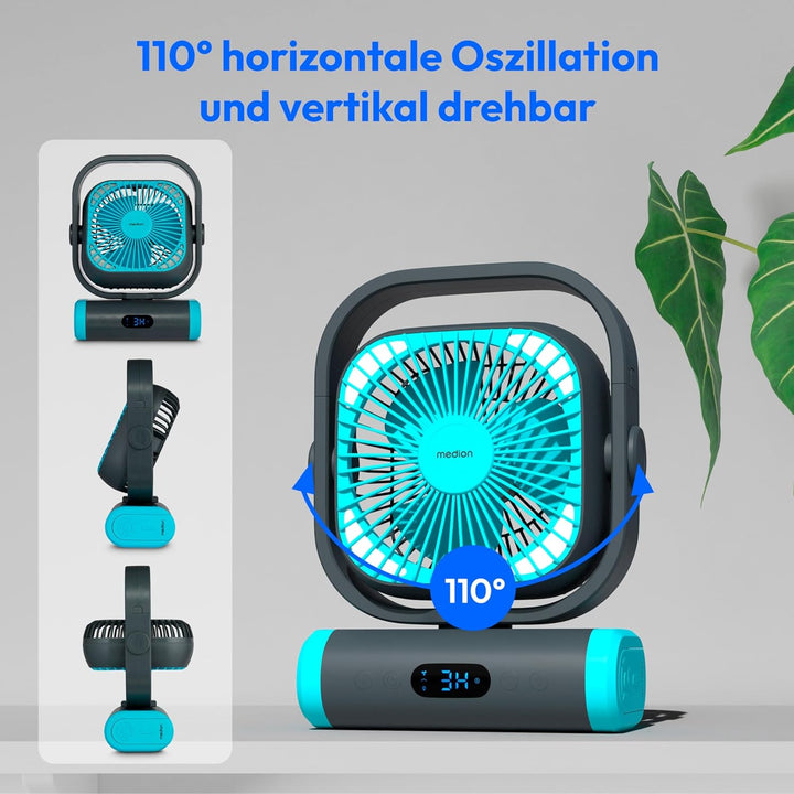 MEDION Ventilator E10 TF (Akku, Mini Ventilator, USB Ventilator klein mit Licht, Fernbedienung, 5 St