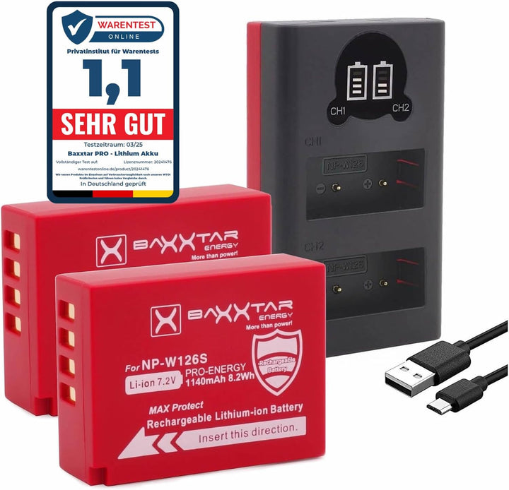 Baxxtar Pro Akku NP-W126s NP-W126 MaxProtect V1 (2X / 1140mAh) mit aktivem NTC Sensor und V1 Schutzg