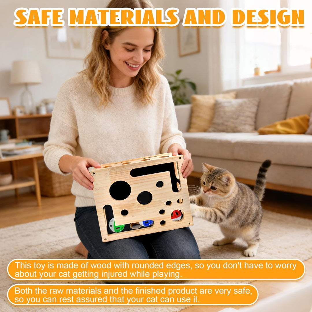 Katzen Krallenpflege Spielzeug, 30*25CM Kratzpuzzle Spielbox Holz Katzen mit 3 Ball 2 Minzstange, In