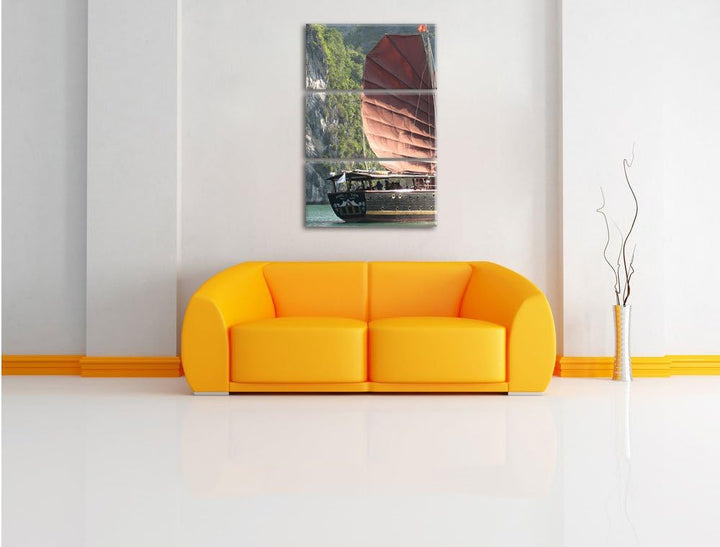 Pixxprint Segelschiff im Sonnenuntergang 3Teiler 120x80 cm Leinwandbild Wandbild Kunstdruck