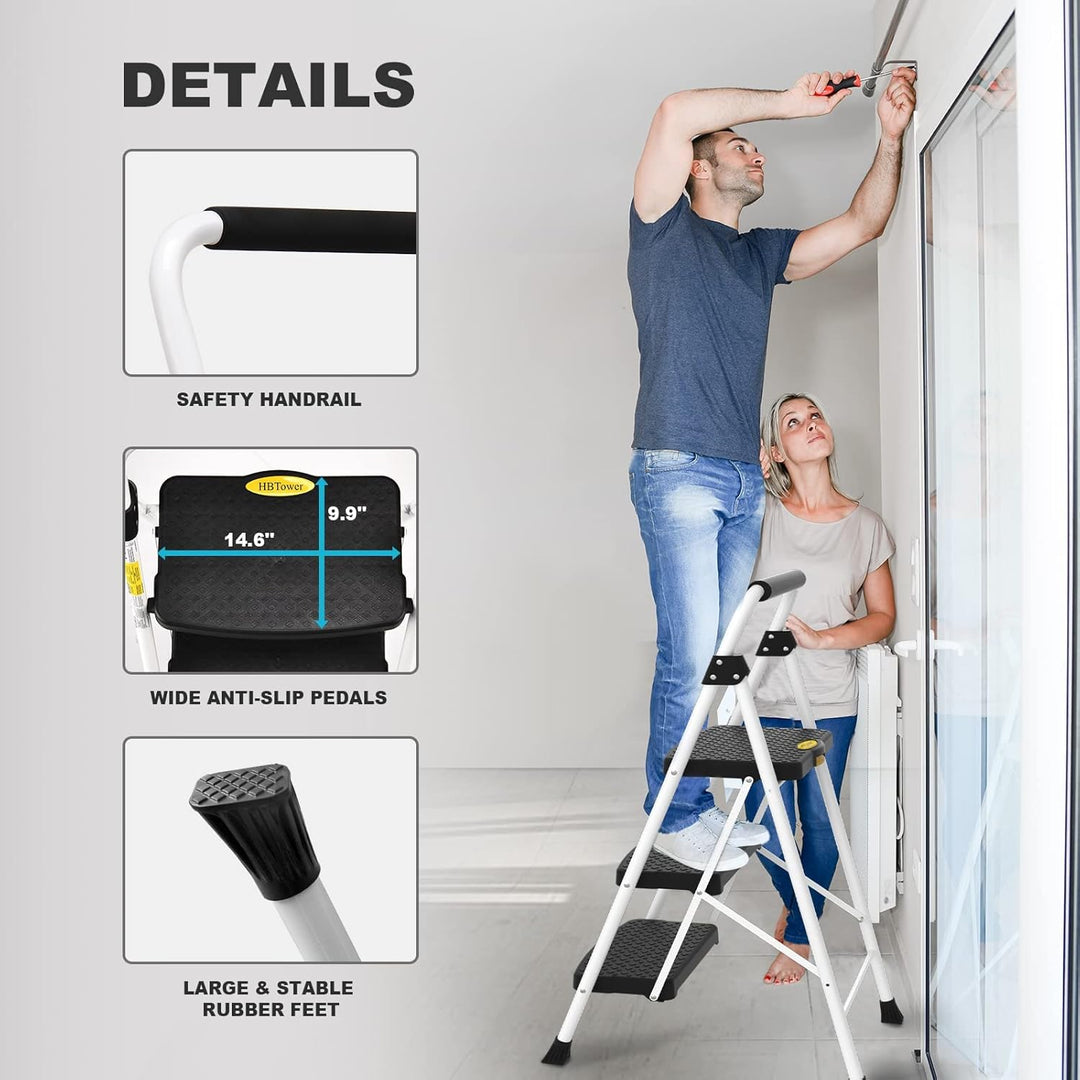 HBTower Leiter 3 Stufen, Klappstufen mit Breitem Anti-Rutsch-Pedal, Stabiler Praktischer Handgriff,