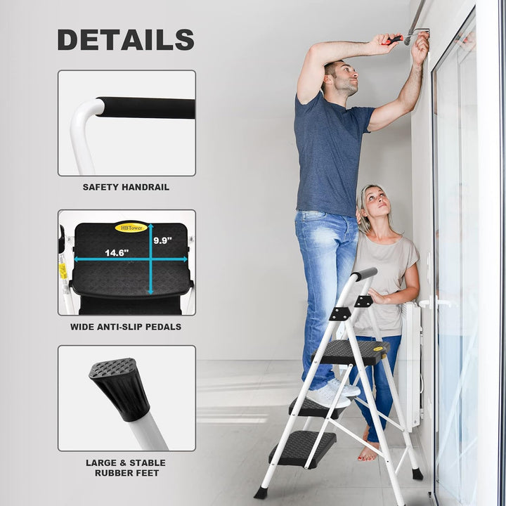 HBTower Leiter 3 Stufen, Klappstufen mit Breitem Anti-Rutsch-Pedal, Stabiler Praktischer Handgriff,