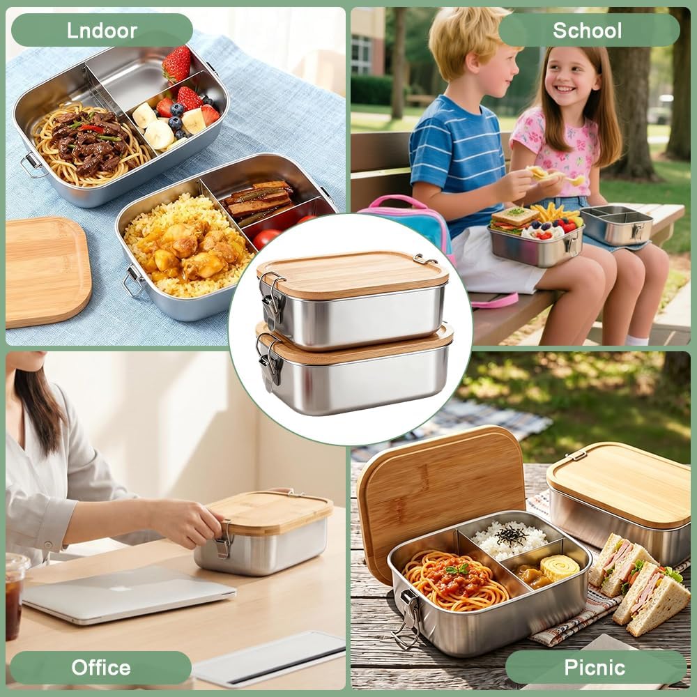 2 Stück Bento Lunchbox für Erwachsene Kinder, 850ML Edelstahl Brotdose mit Holzdeckel&Fächern, BPA-f