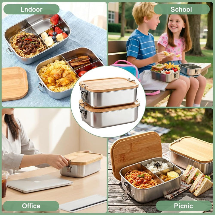 2 Stück Bento Lunchbox für Erwachsene Kinder, 850ML Edelstahl Brotdose mit Holzdeckel&Fächern, BPA-f