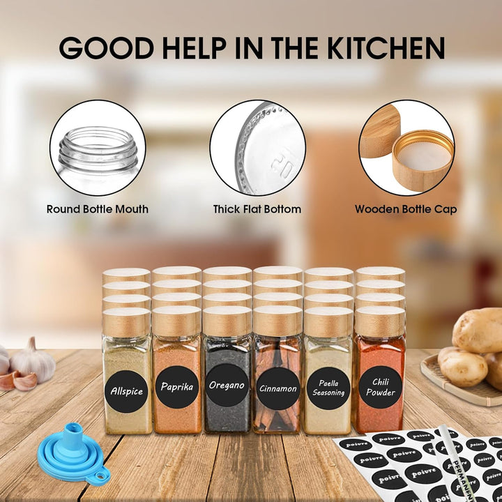 TWBEST Gewürzgläser 24er Set, Gewürzgläser Eckig mit Streueinsatz,120ml Gewürzdosen mit Bambusdeckel