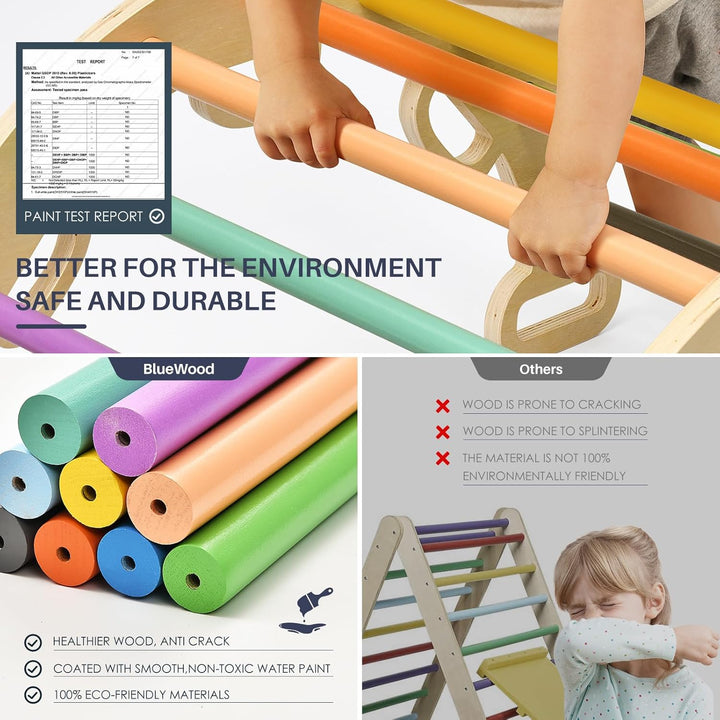 BlueWood 3-in-1 Montessori Indoor Spielset mit Bogen, Rampe und Kletterdreieck, Holz-Dreieckset für