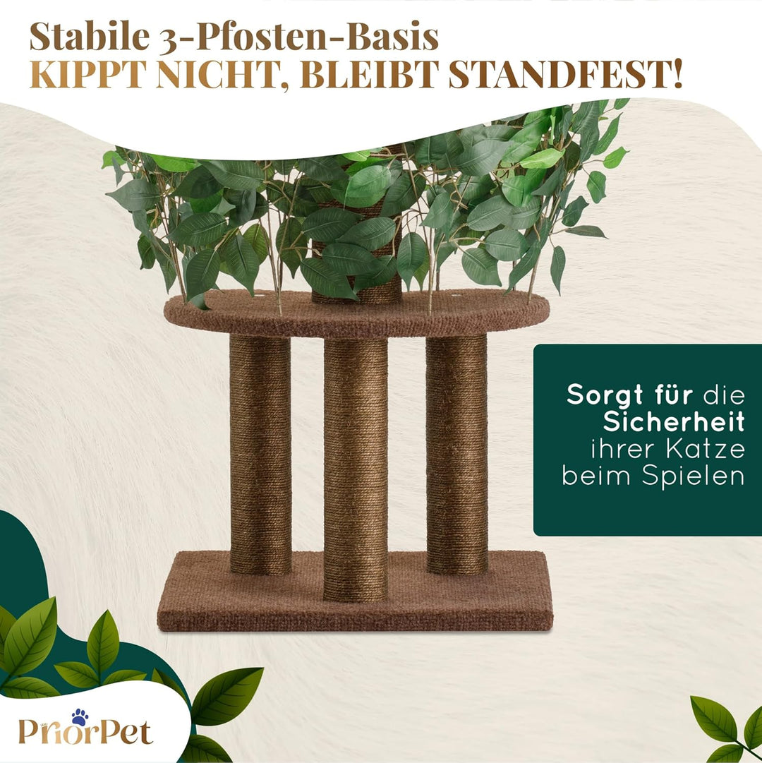 Kratzbaum mit Blättern – Stabiler & Platzsparender Katzenbaum – 4 kratzbare Ebenen & 3 Kratzsäulen –