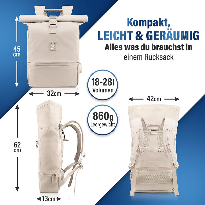 HEAVER® Rolltop Rucksack Damen & Herren, Rucksack mit Laptopfach, Uni Rucksack Damen, Rollrucksack D