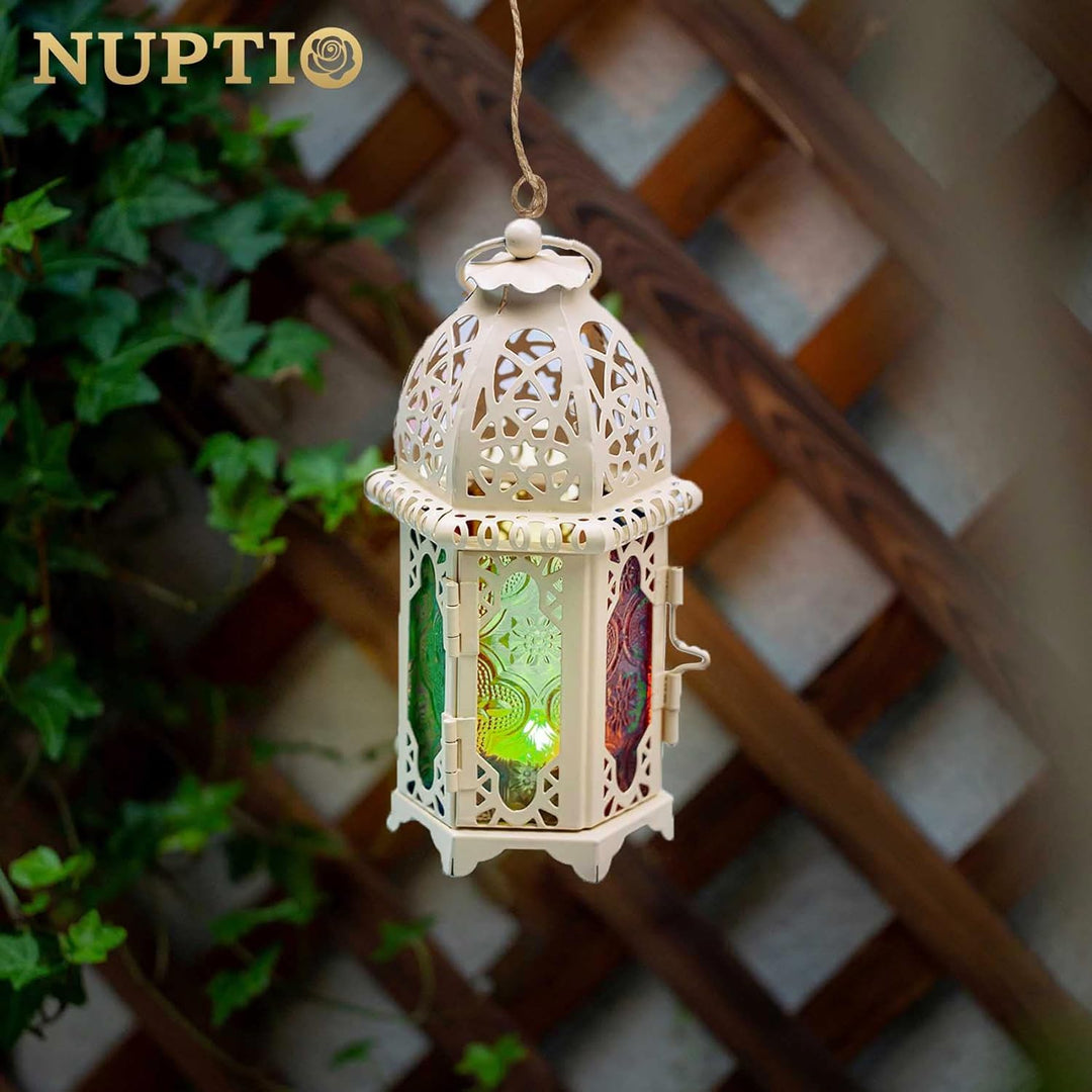 Nuptio 2 Stück Marokkanischen Stil Kerze Laterne, Kleine Teelichthalter mit Bunten Glasscheiben Idea