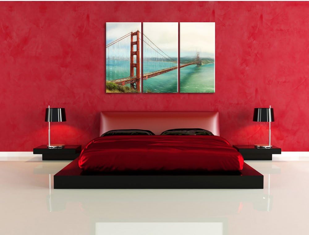 Pixxprint Golden Gate Bridge / 3-Teilig/Gesamtmass 120cm Leinwandbild bespannt auf Holzrahmen/Wandbi