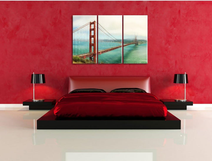Pixxprint Golden Gate Bridge / 3-Teilig/Gesamtmass 120cm Leinwandbild bespannt auf Holzrahmen/Wandbi