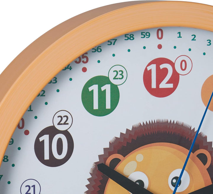 Relaxdays Wanduhr Kinder, Ø 30 cm, Kinderzimmeruhr Löwe, Bunte Zahlen, Uhrzeit Lernen, Lernuhr Junge