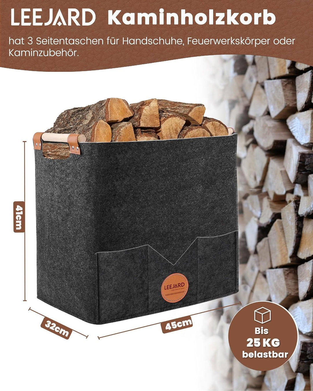 2 Holzkörbe für Kaminholz, grosser Holzkorb aus Filz, auch als Aufbewahrungstasche oder Einkaufskorb