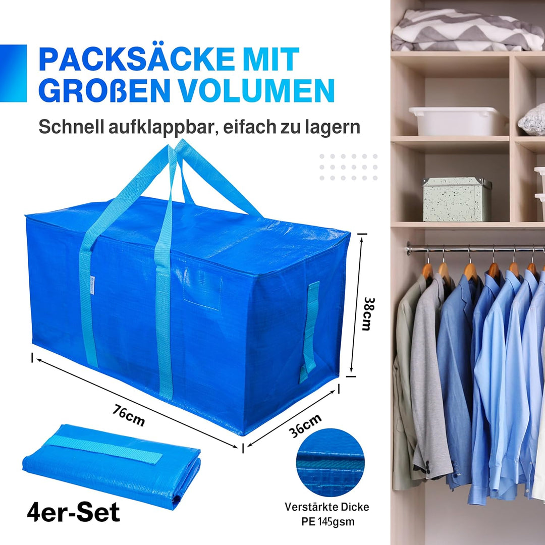 Set mit 4 Aufbewahrungssäcken - Extra grosse Tasche für Umzüge und Reisen - Resistente und wasserdic