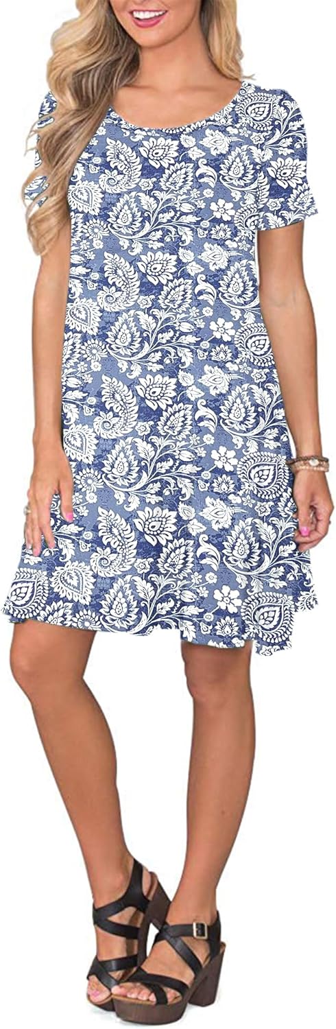AUSELILY Damen Kleider Sommer Kurzarm Shirtkleider Kurz Sommerkleider Leicht Freizeitkleid mit Tasch
