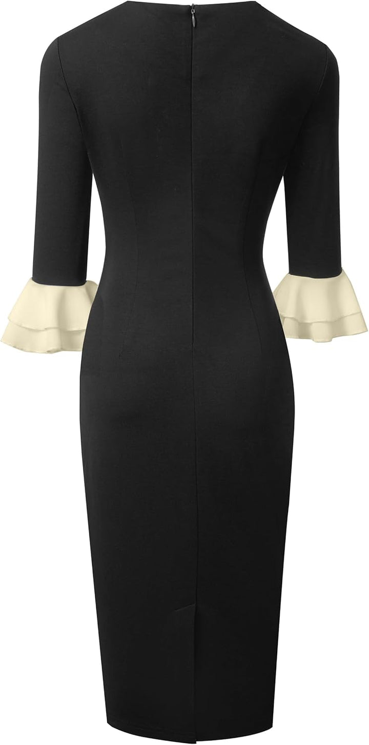 HOMEYEE Damen Rundhals 3/4 Ärmel Volantärmel Abendkleid Bleistiftkleid Retro Bodycon Midi Cocktail E