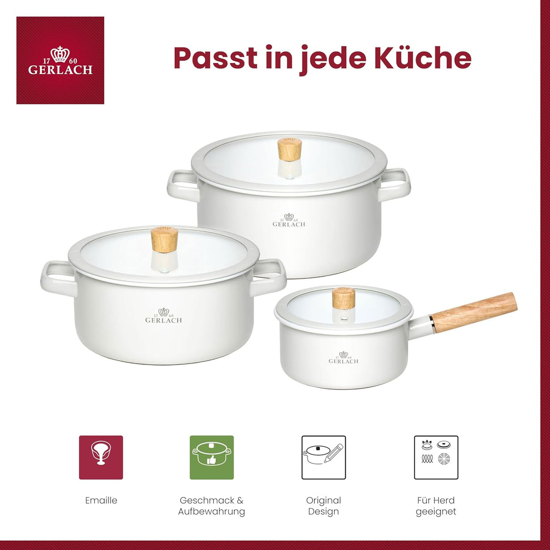Gerlach 1760 Topfset - 2 Töpfe 3 L 5 L - 1 Kasserolle 2 L - Emaille Topf - Alle Herdarten - Deckel a