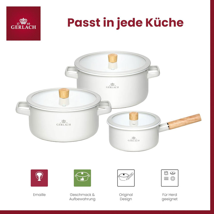 Gerlach 1760 Topfset - 2 Töpfe 3 L 5 L - 1 Kasserolle 2 L - Emaille Topf - Alle Herdarten - Deckel a