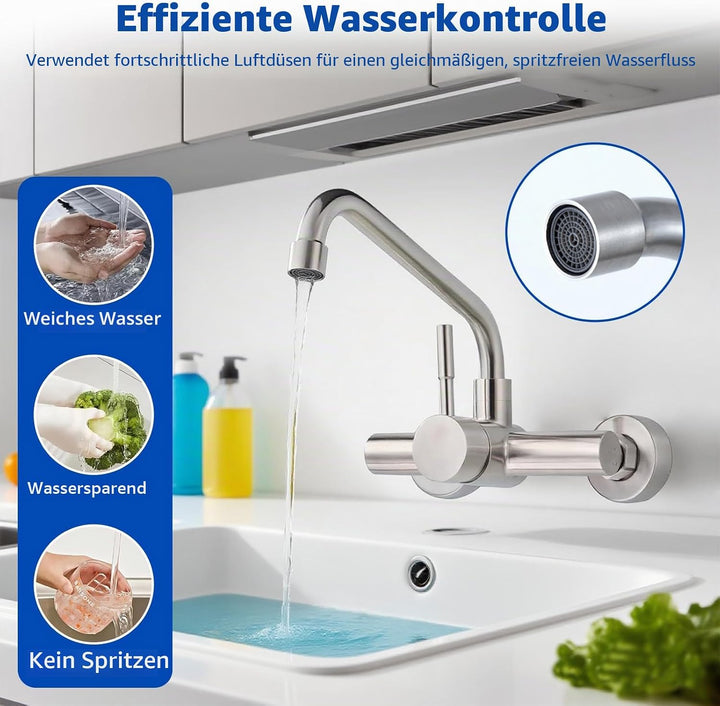 iFCOW Wandmontierte Küchenarmatur schwenkbare Einhebelmischbatterie 304 Edelstahl Warm- und Kaltwass