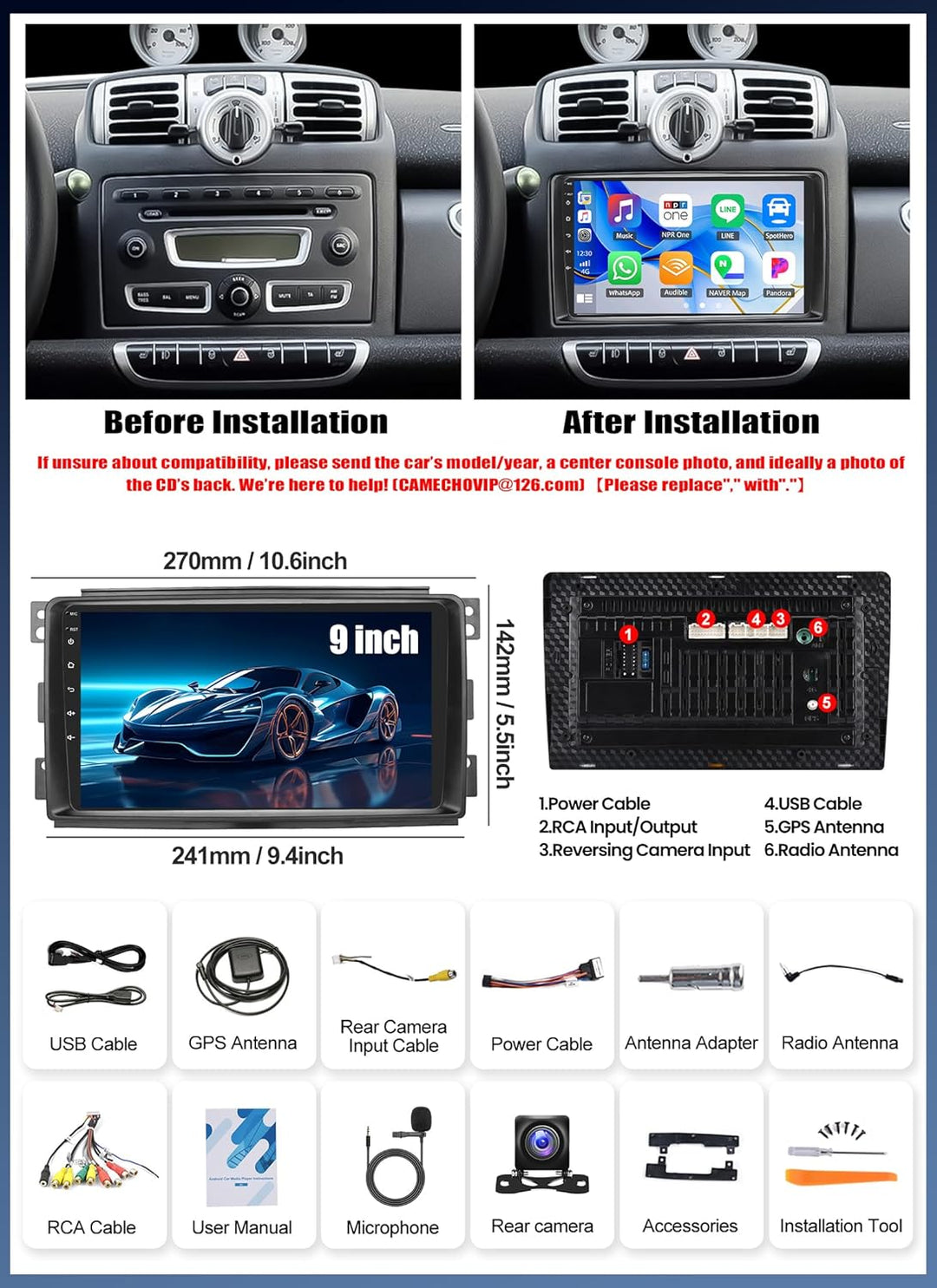CAMECHO Android 15 Autoradio für Mercedes-Benz Smart Fortwo 2005-2010 mit Navi Carplay Android Auto,