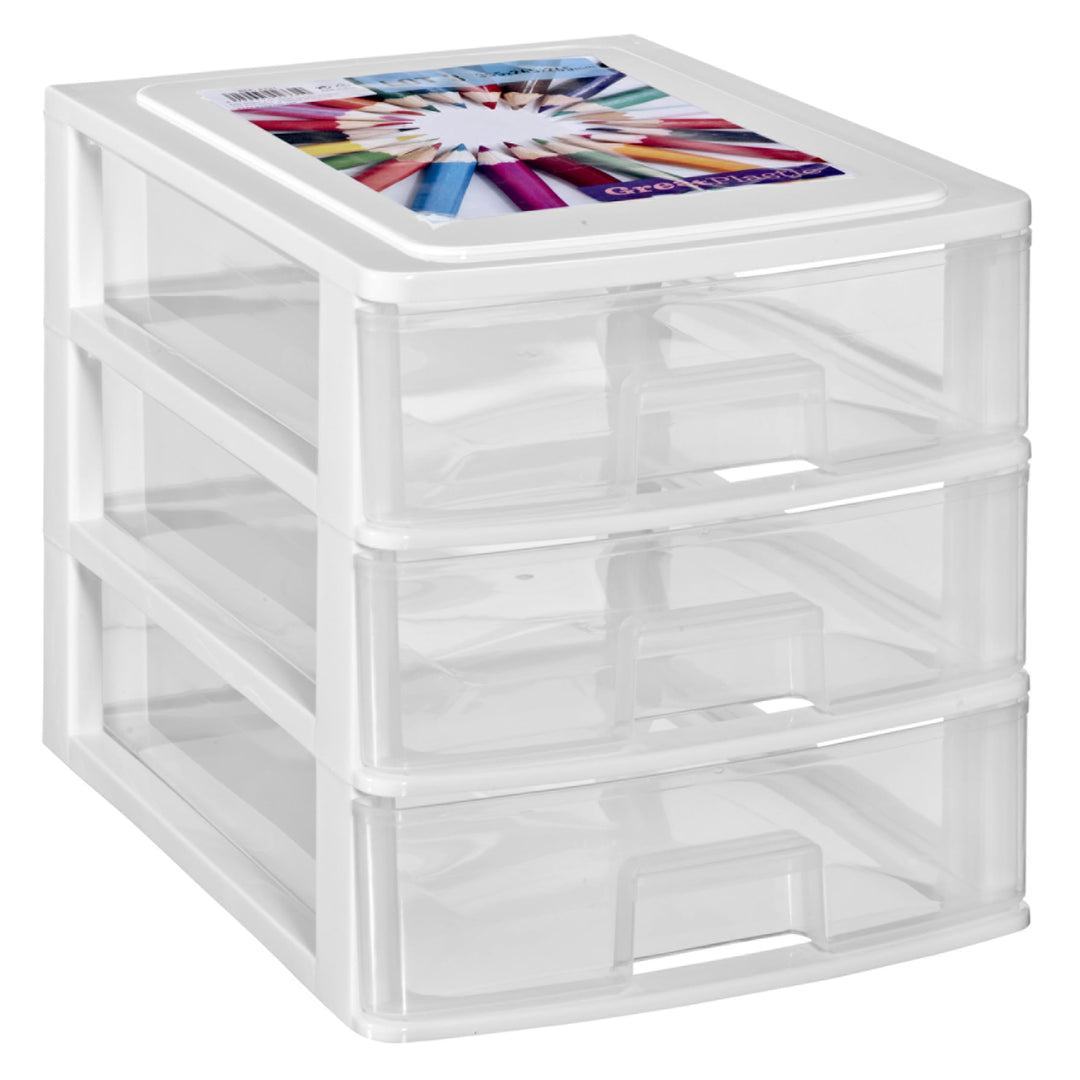 Hummelladen Schubladenbox DIN A4 mit 3 Schubladen 35,5x26,5x26,5 cm - Weiss-transparent Kunststoff D
