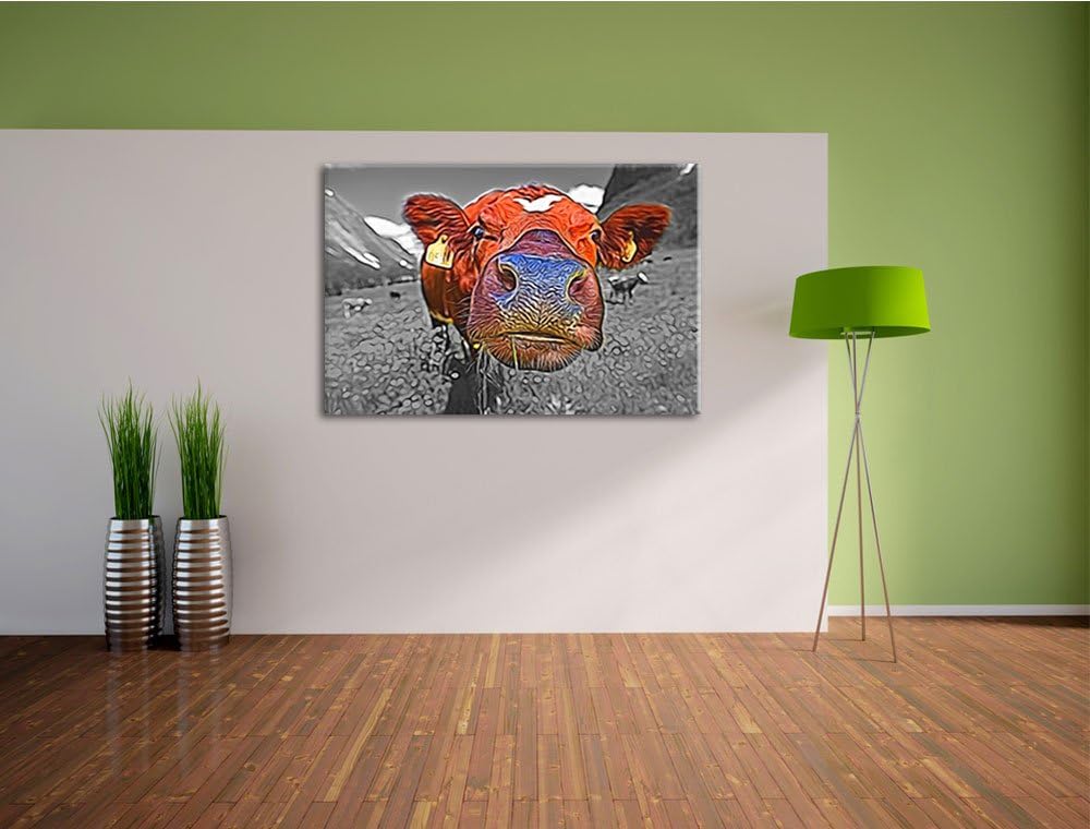 hübsche Kuh auf schöner Bergwiese Format: 120x80 auf Leinwand, XXL riesige Bilder fertig gerahmt mit