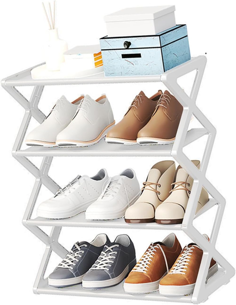 Schuhregal Faltbar, 4 Ebenen, Tragbar, Kunststoff, Weiss, für Flur, Weiss