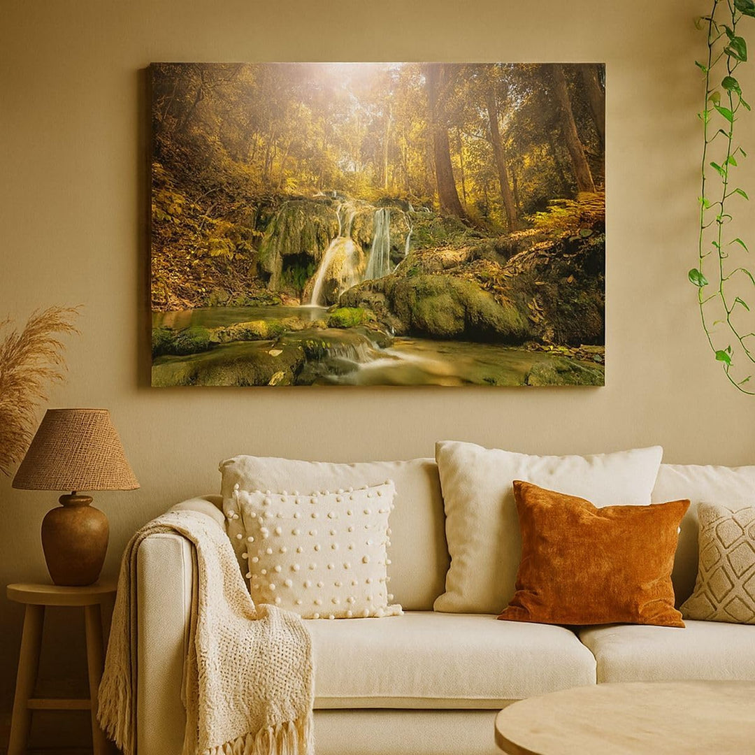 Bilder auf Leinwand 100x70cm Leinwandbild Wald Wasserfall Natur Umwelt Gross Wanddeko Bild Schlafzim