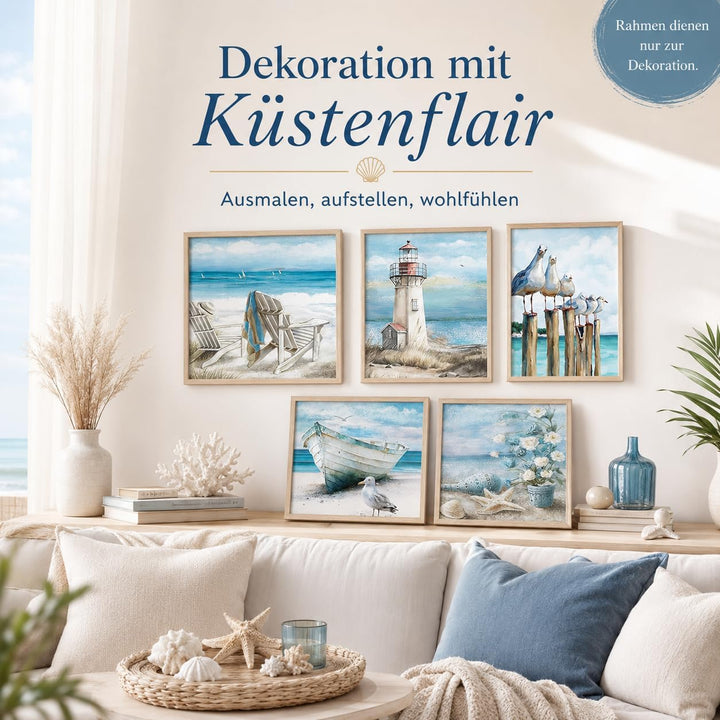 SASMoiyug 6 Stück Malen nach Zahlen Erwachsene, DIY am Meer Sandstrand Malen nach Zahlen Set Mit 6 P