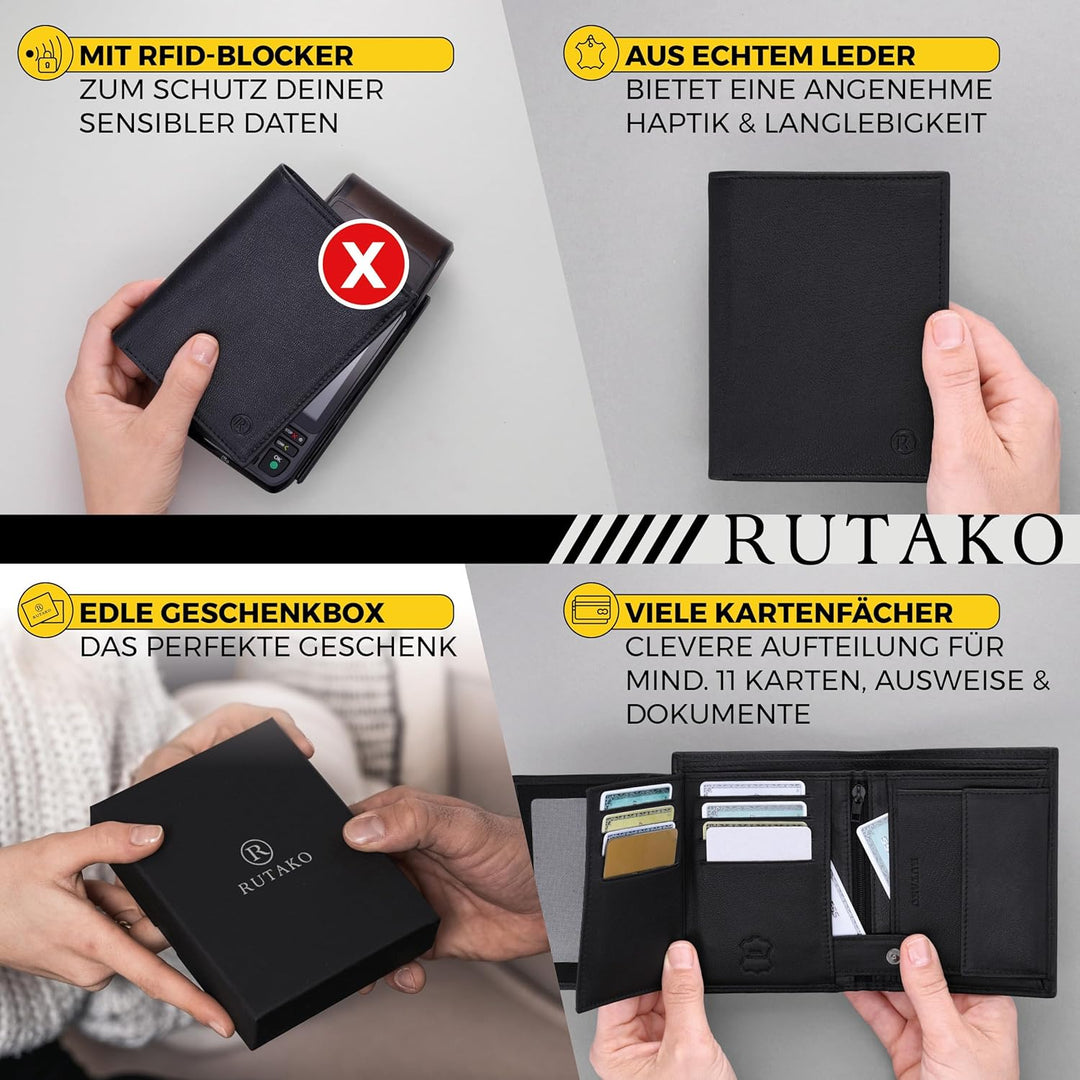 RUTAKO Leder Geldbörse Herren mit RFID Schutz - Portemonnaie Gross mit Münzfach - Echtleder Geldbeut