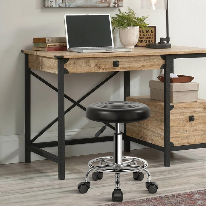 KKTONER Rollhocker höhenverstellbar 49-64cm mit Fussstütze drehbar aus Kunstleder Schwarz