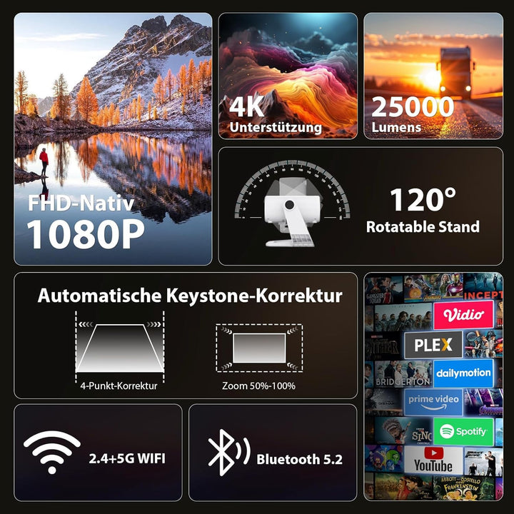 2026 Neuer Upgraded Smart Beamer Full HD 1080P, 25000 Lumens, Android 11，Integrierte Apps, 4D Trapez