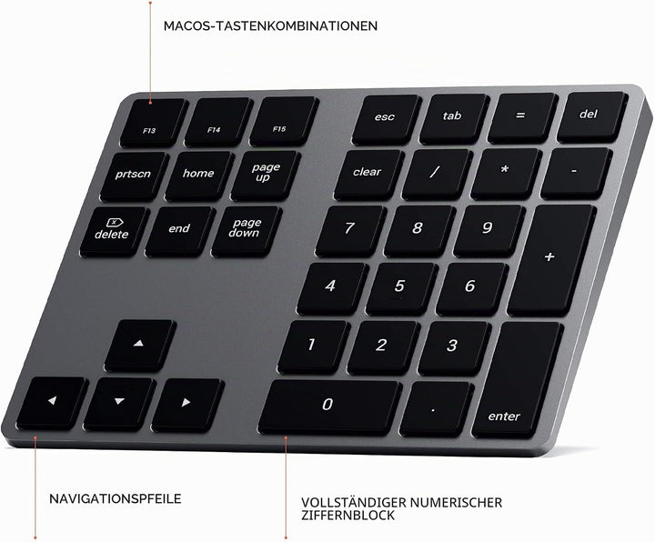 SATECHI Bluetooth Erweiterter Ziffernblock 34 Tasten, US-Layout, wiederaufladbarer Aluminium-Ziffern