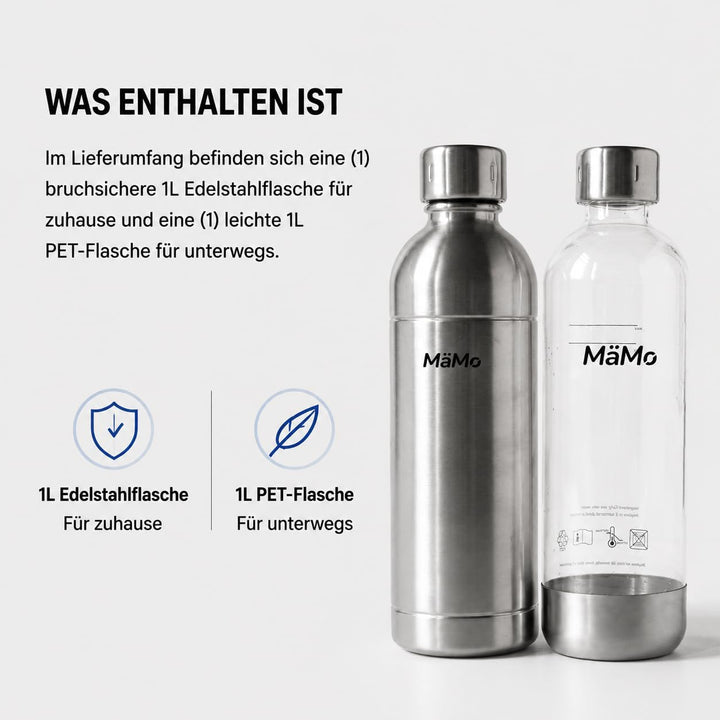 Ersatzflasche, Nur Edelstahl Sprudler: (Silber/Transparent farblos) | Leicht, robust &amp; ideal für unt