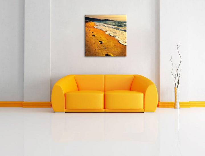 Fussabdrücke im Strand, Format: 70x70 auf Leinwand, XXL riesige Bilder fertig gerahmt mit Keilrahmen