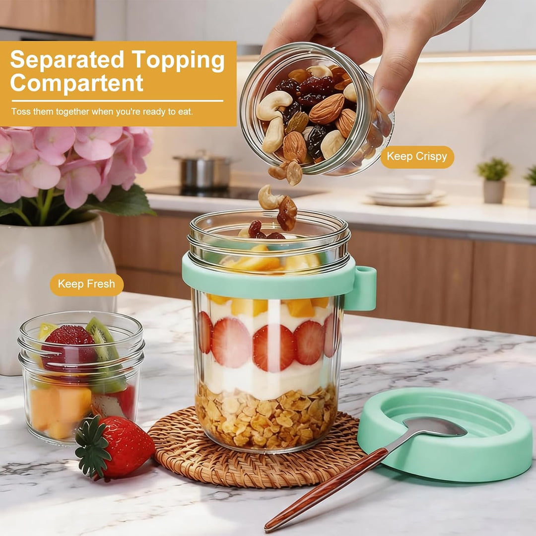 4er Müslibecher To Go, 480ml+120ml Overnight Oats Gläser, Joghurtbecher mit Doppelschicht-Design, Tr